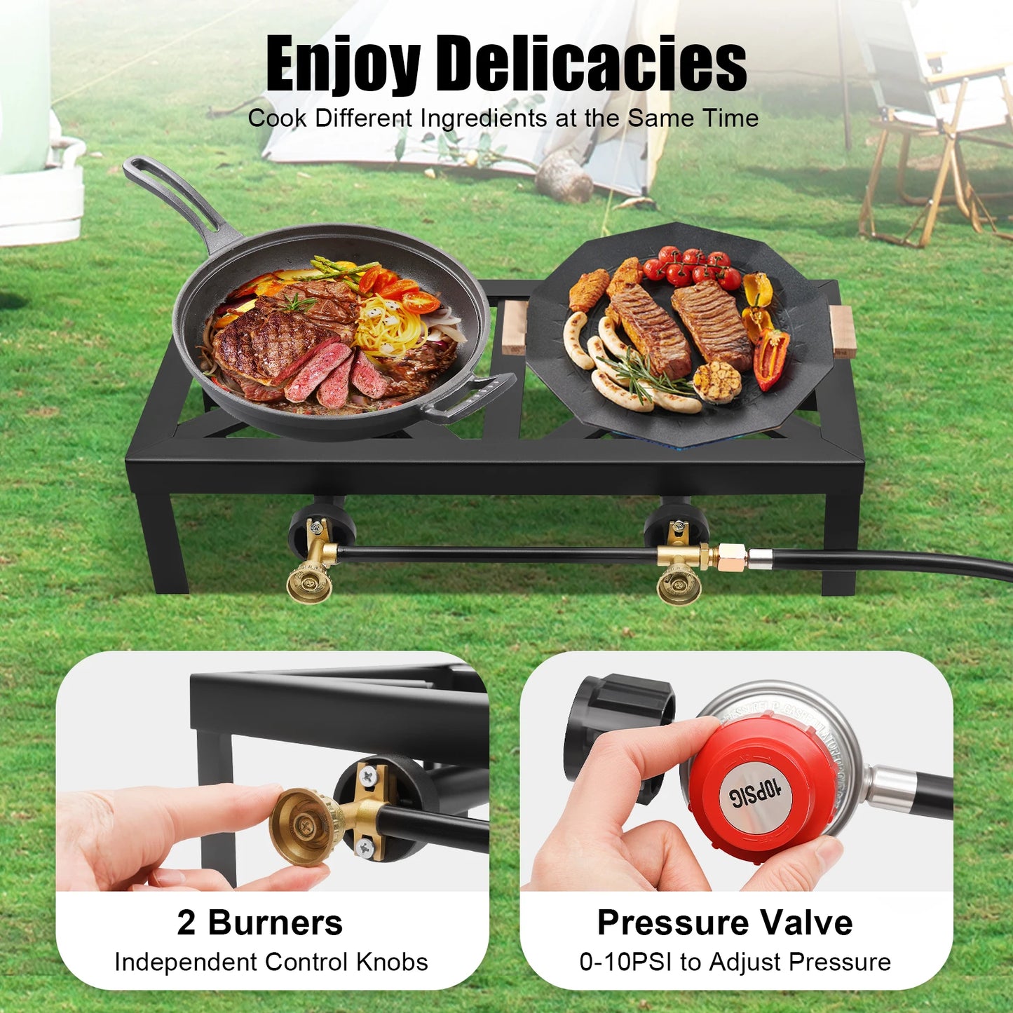 Portable Camping Gas Stove Outdoor Double Burner with Adjustable 0-10Psi Regulator Hose