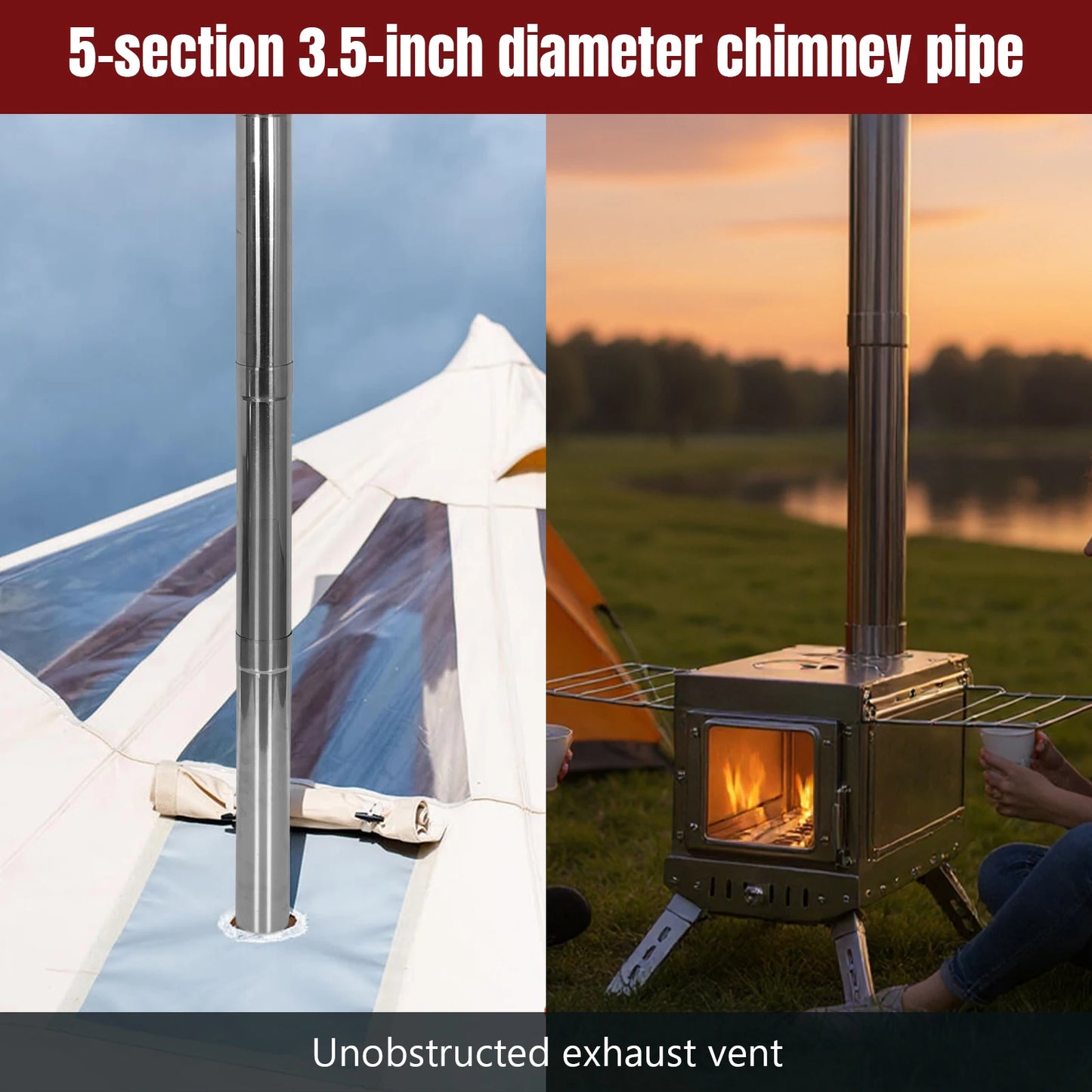 Large Tent Wood Stove with Full Chimney Pipe Set 304 Stainless Steel Fire Viewing Stove for Camping Tents Shelters Outdoor Heat