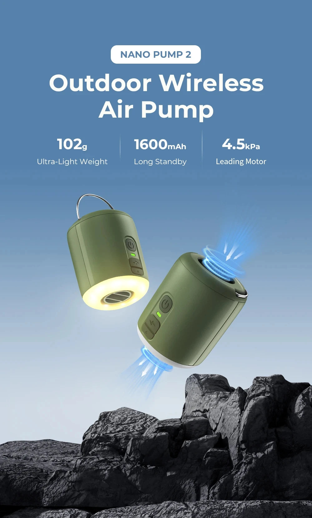 Tiny Air Pump with Camping Lantern 4.5kPa Air Pump with Magnetic Design for Inflatable Air Mattress Sleeping Pads