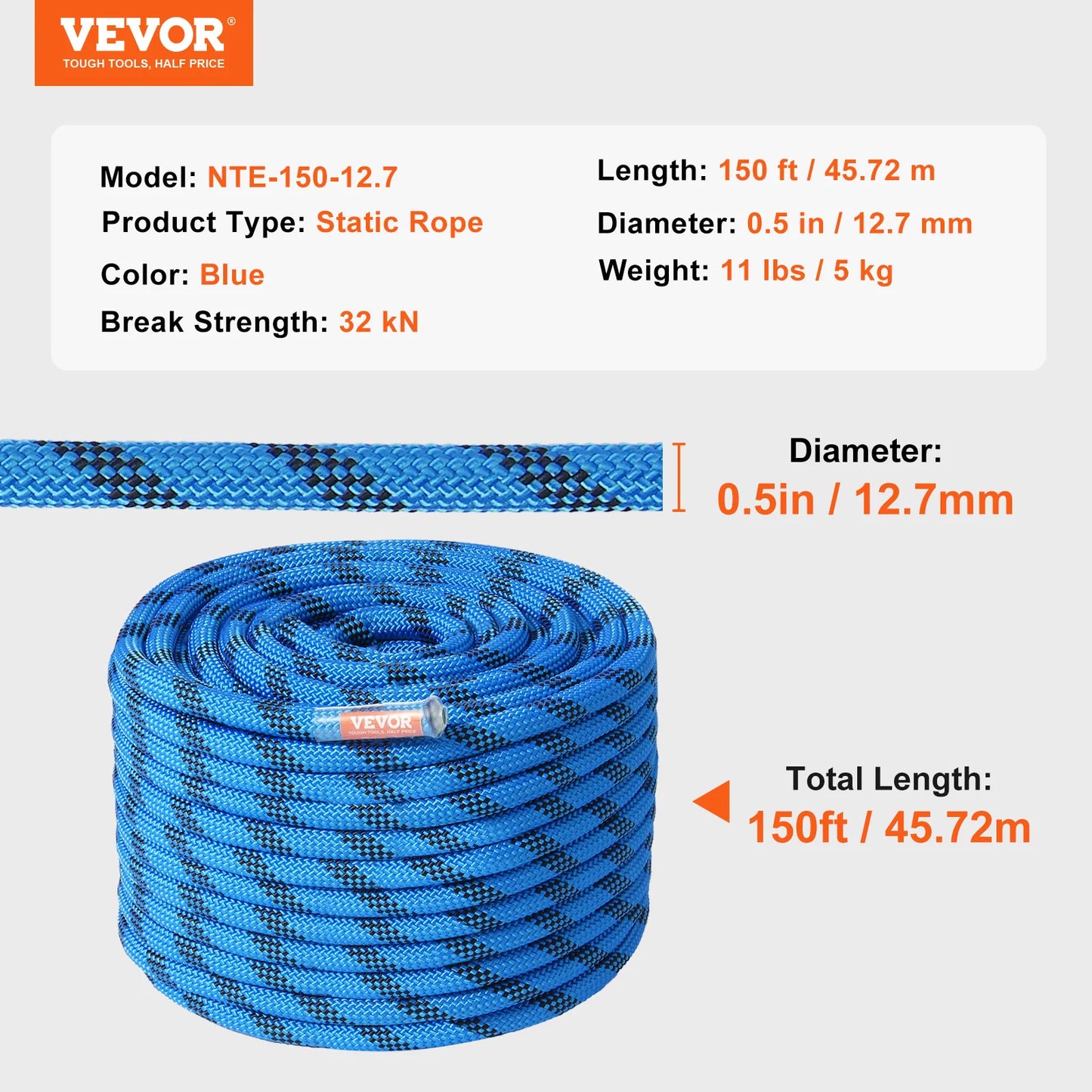 12.7mm Static Climbing Rope 150/200ft Outdoor Rock Climbing Rope 30KN Breaking Tension Fiber Rope w/ Steel Snap Hooks