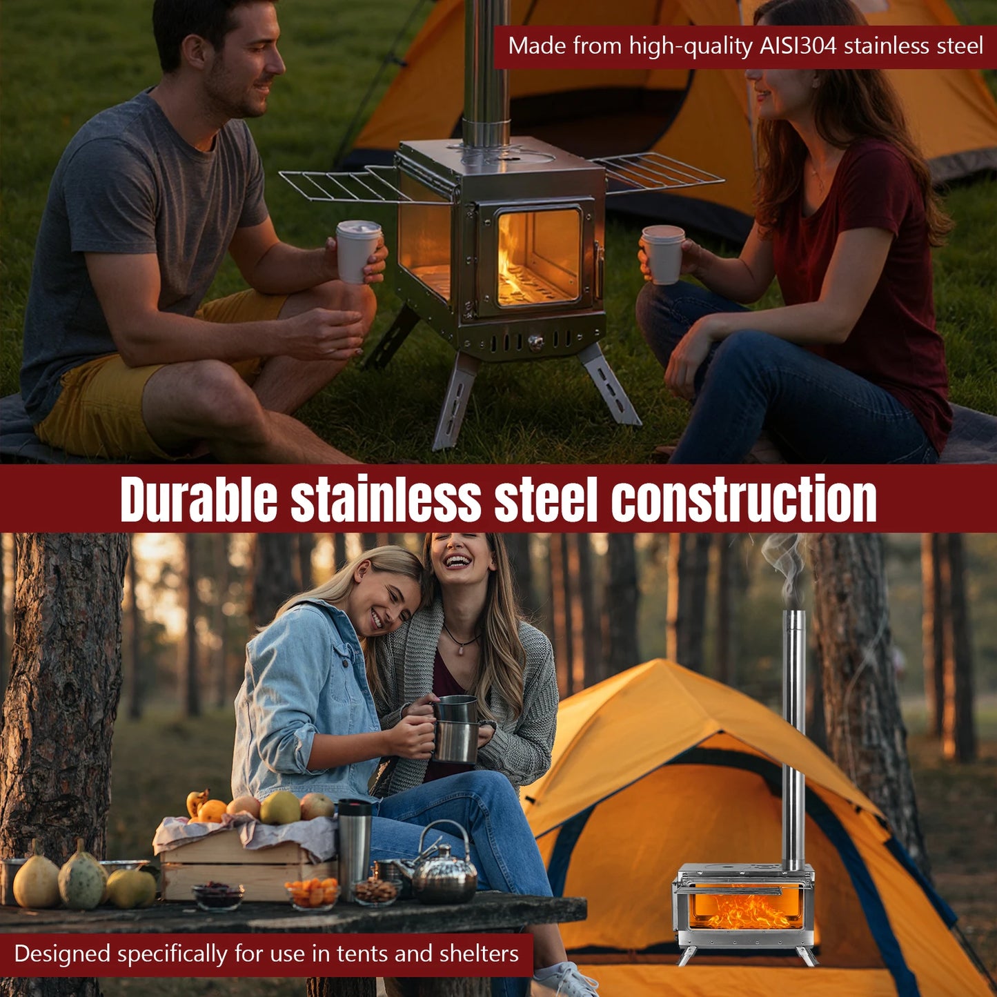 Large Tent Wood Stove with Full Chimney Pipe Set 304 Stainless Steel Fire Viewing Stove for Camping Tents Shelters Outdoor Heat