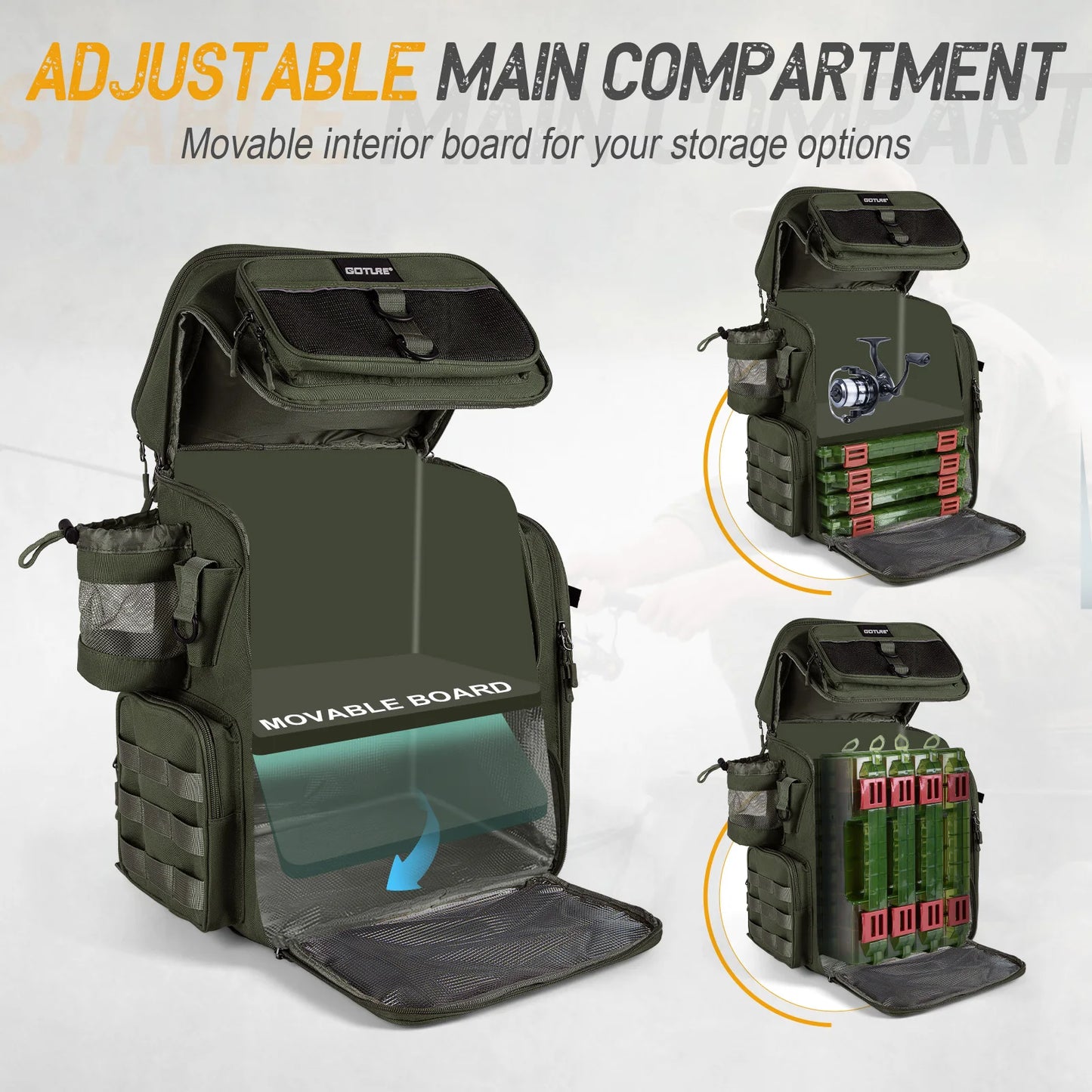 55L Large Fishing Backpack, Waterproof Non-Slip Bottom, Adjustable Compartment Rod Holders for Professional Anglers