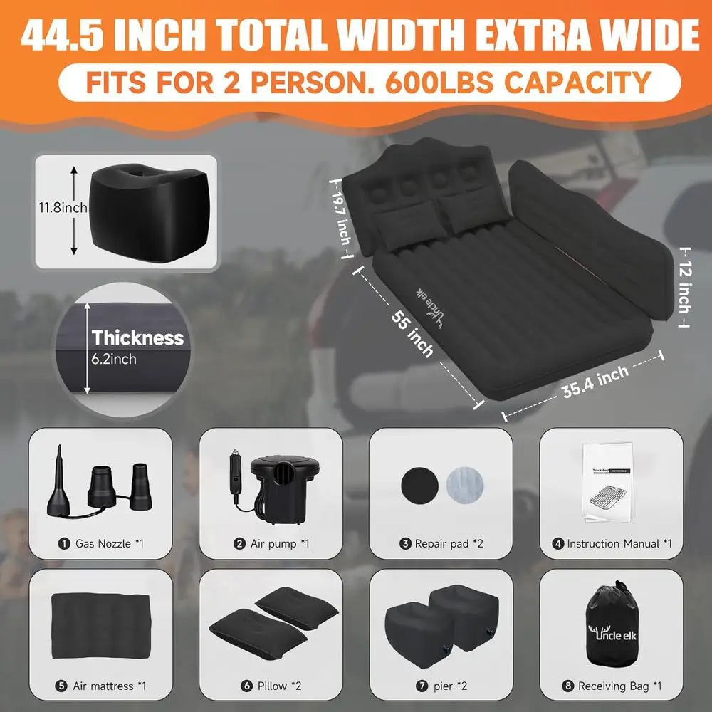 Inflatable Back Seat Air Mattress, Thickened Camping Sleeping Pads with 2 Pillows & Air Pumps, Suitable for Sedan/Truck/SUV, Bla