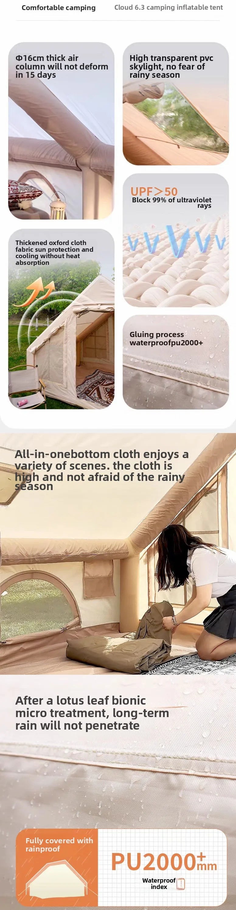 Inflatable tent camping for 1-6 people, hand pump with skylight and chimney waterproof oxford cloth all