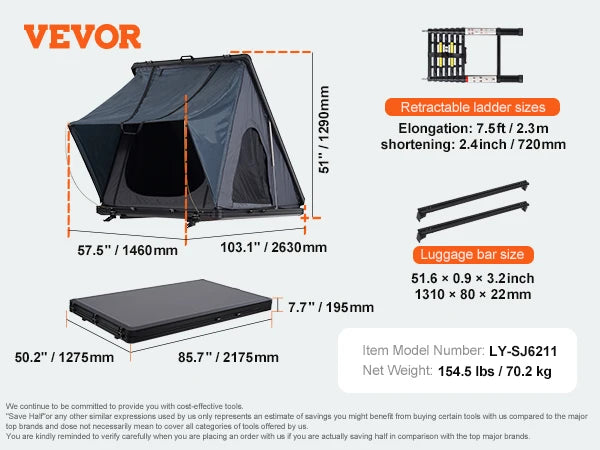 Rooftop Tent Hard Shell Roof Top with Telescopic Ladder Thick Mattress Waterproof Windproof for Jeep Van Pickup Truck