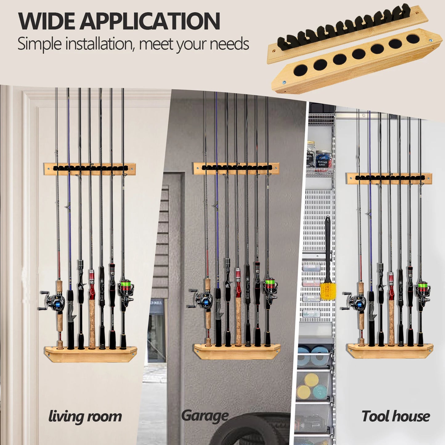 1 Pair Fishing Rod Racks Fishing Rod Holders for Garage Wood Fishing Pole Wall Rack 7-Hole Fishing Rod Combos