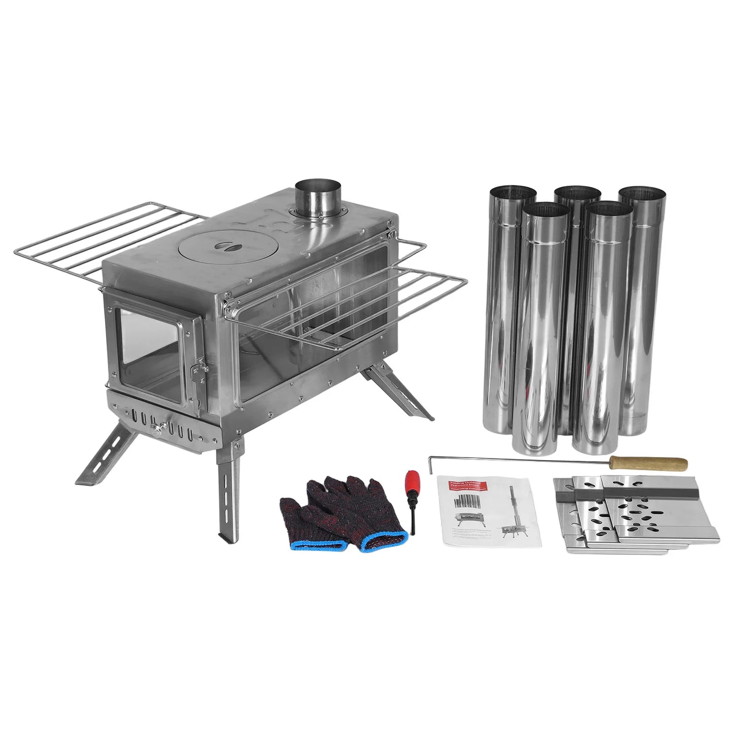 Large Tent Wood Stove with Full Chimney Pipe Set 304 Stainless Steel Fire Viewing Stove for Camping Tents Shelters Outdoor Heat