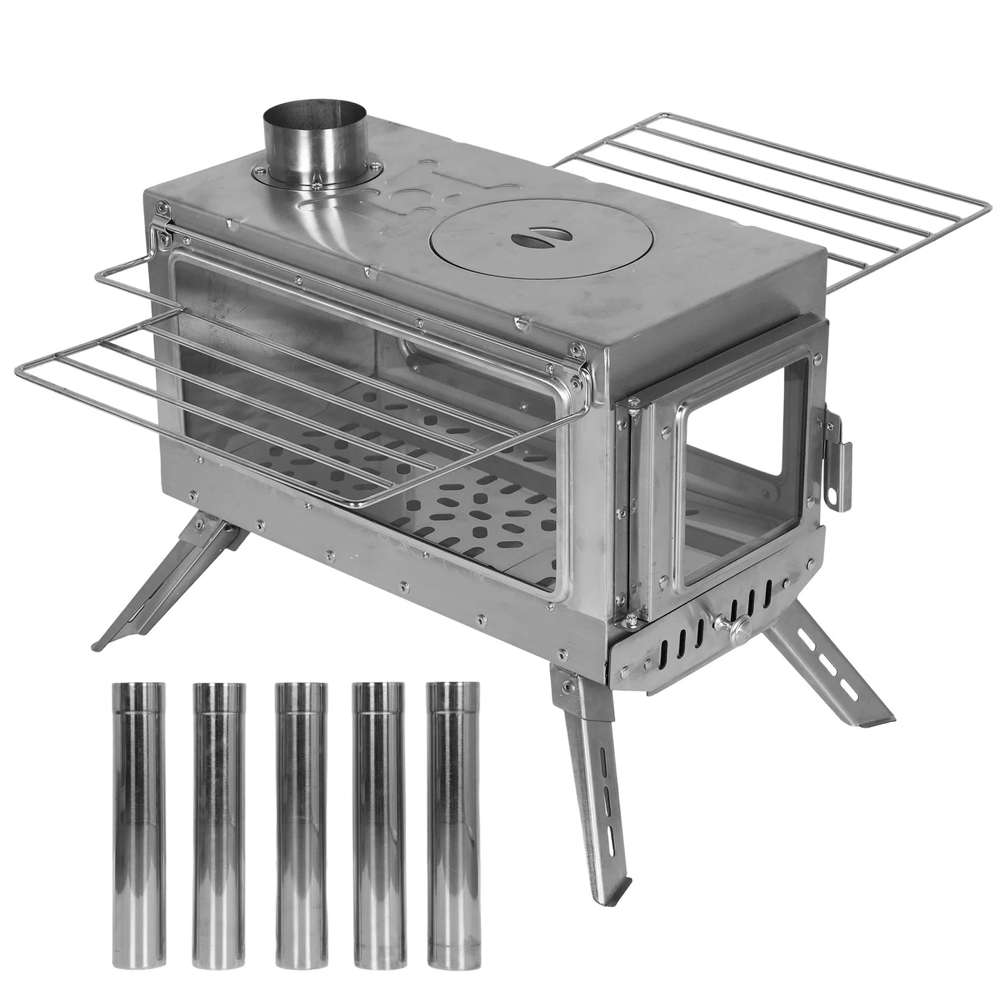 Large Tent Wood Stove with Full Chimney Pipe Set 304 Stainless Steel Fire Viewing Stove for Camping Tents Shelters Outdoor Heat