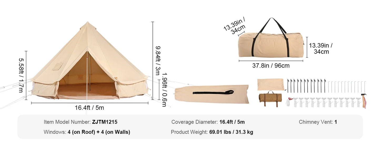 Canvas Bell Tent 4 Seasons 5m Yurt Tent Canvas Tent for Camping with Stove Breathable Tent Holds up to 8 People