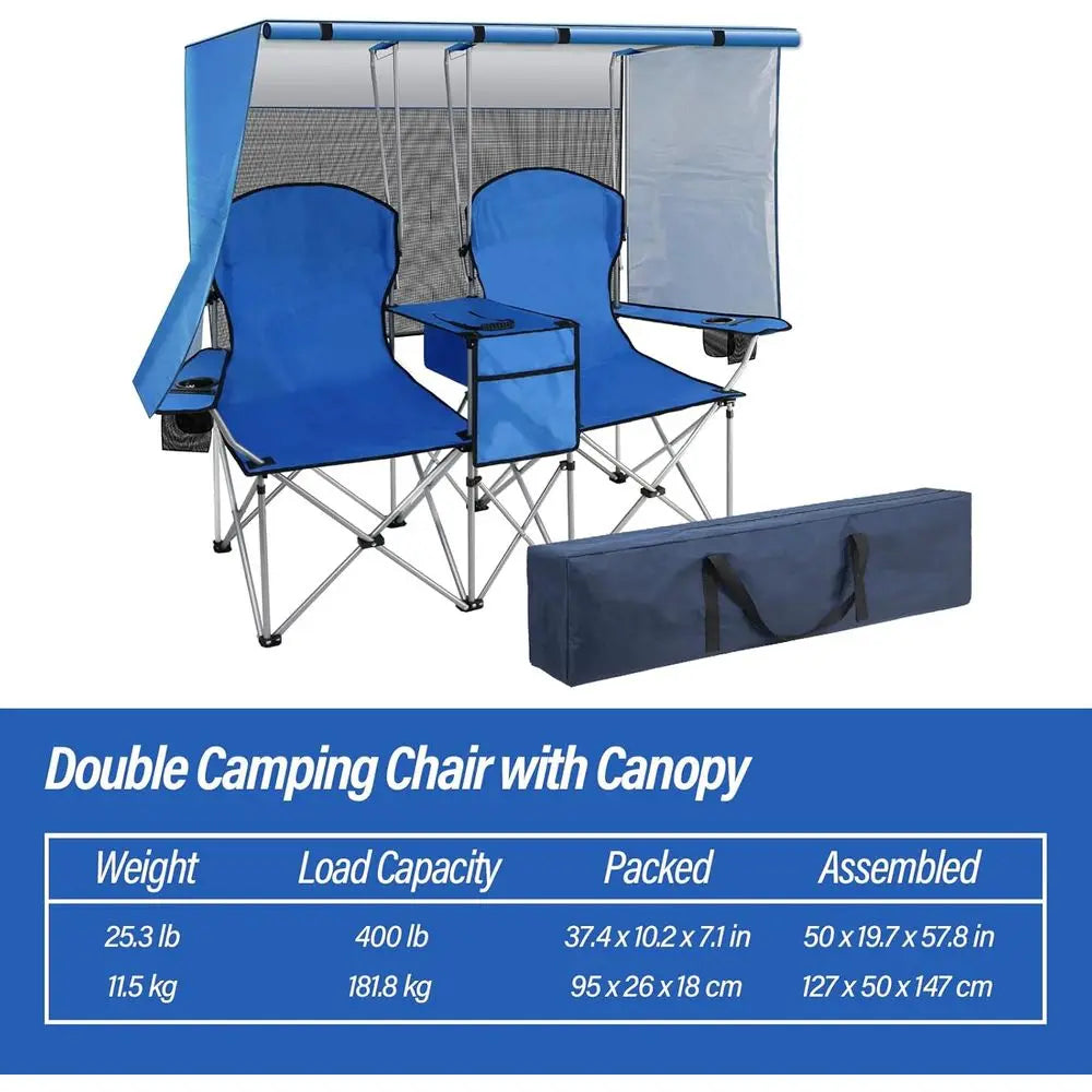 Double Camping Chair, Two Person Folding Loveseat with Shade, Heavy Duty Beach Chair with Cooler Bag, Cup Holder, Fishing, Sport