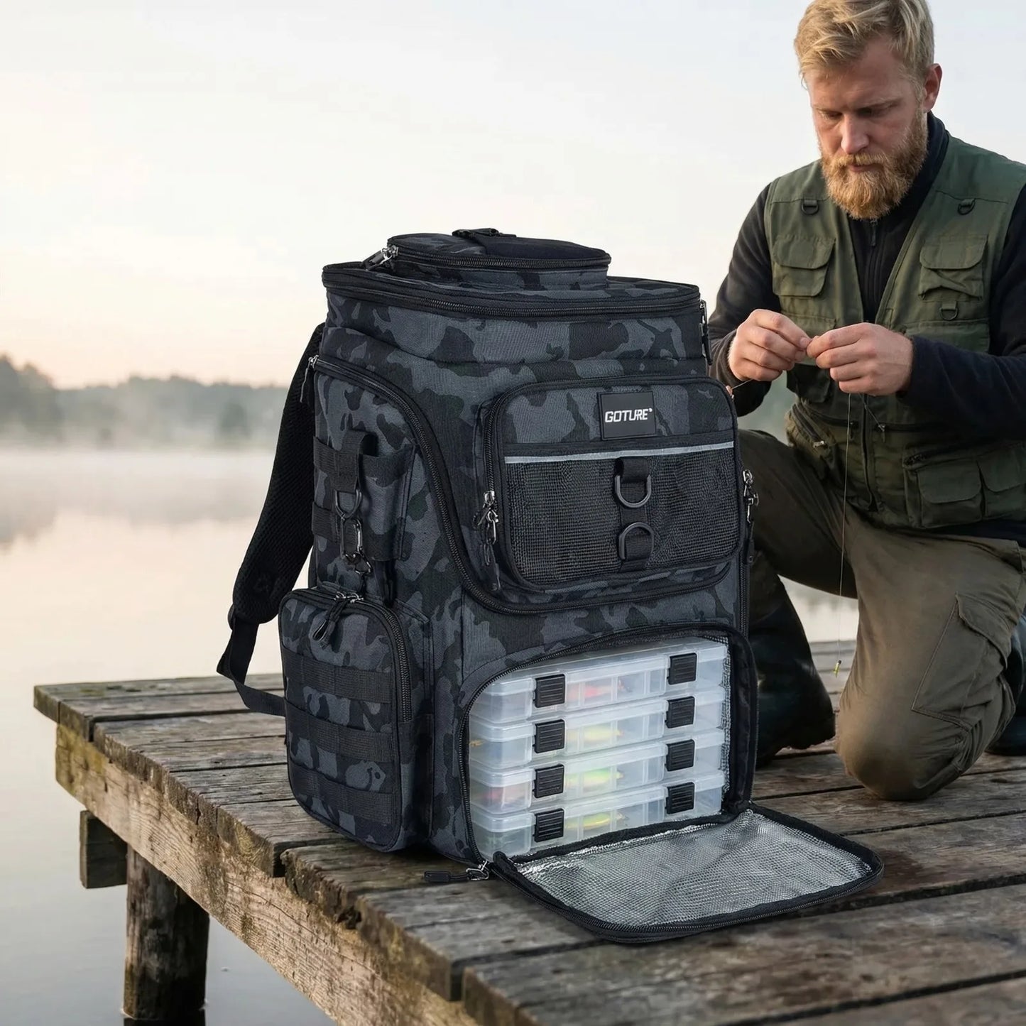 55L Large Fishing Backpack, Waterproof Non-Slip Bottom, Adjustable Compartment Rod Holders for Professional Anglers