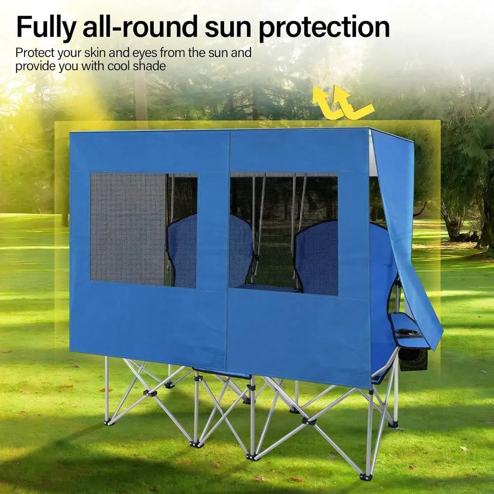 Double Camping Chair, Two Person Folding Loveseat with Shade, Heavy Duty Beach Chair with Cooler Bag, Cup Holder, Fishing, Sport