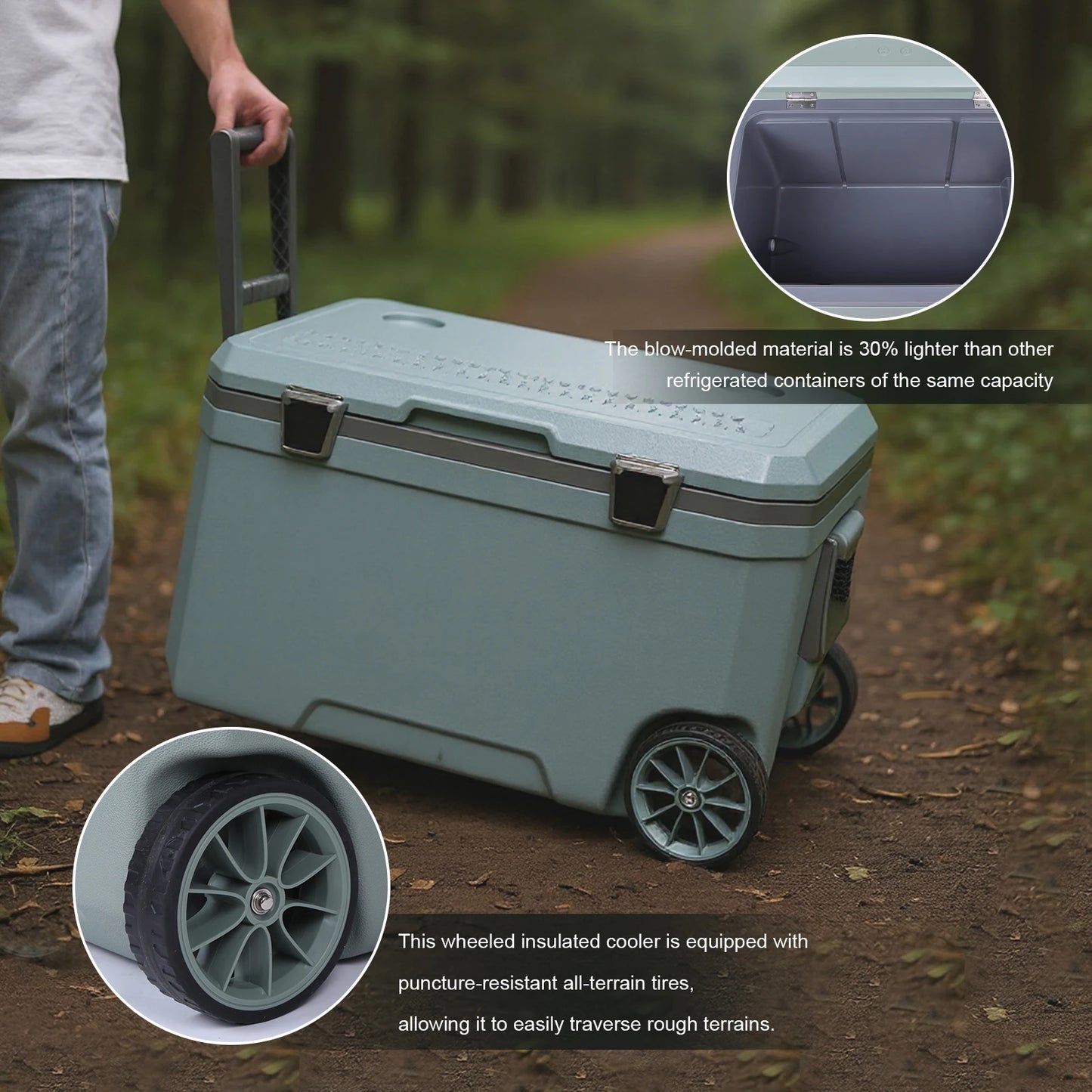 70L Wheeled Cooler 30 Percent Lighter Than Rotomolded Camping Cooler with Handle for Beach Drink Beverage Camping Picnic Fishing