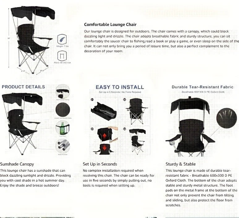 Portable folding fishing chair with sunshade - equipped with cup holder, portable and lightweight design