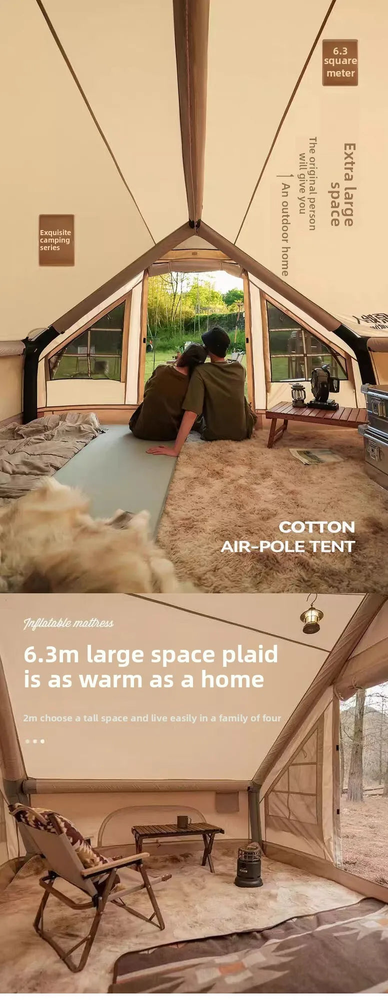 Inflatable tent camping for 1-6 people, hand pump with skylight and chimney waterproof oxford cloth all