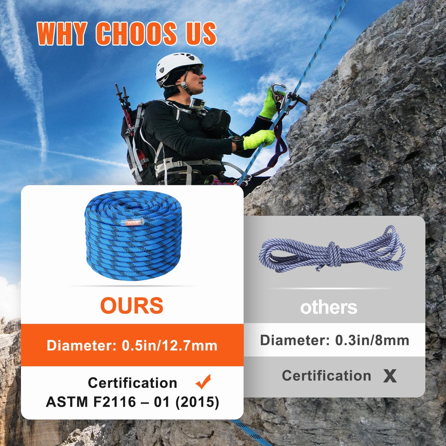 12.7mm Static Climbing Rope 150/200ft Outdoor Rock Climbing Rope 30KN Breaking Tension Fiber Rope w/ Steel Snap Hooks