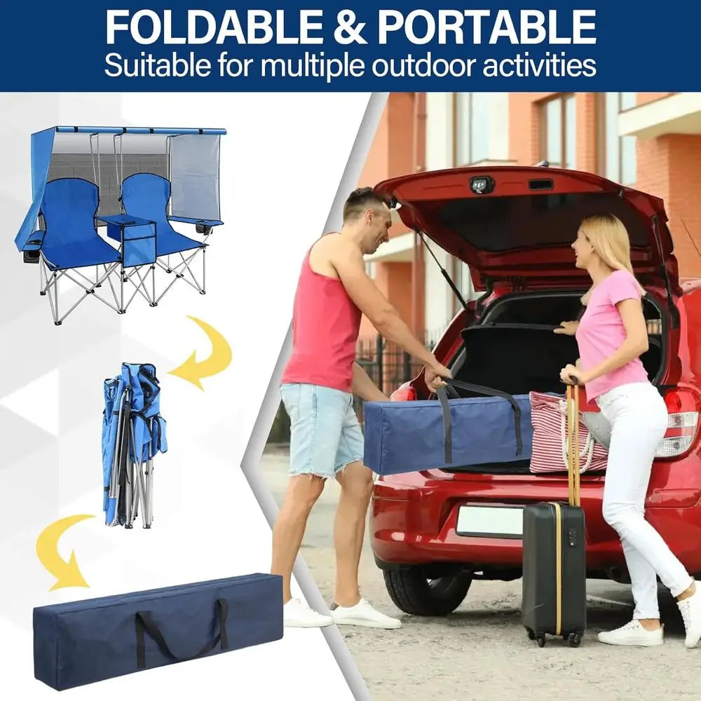Double Camping Chair, Two Person Folding Loveseat with Shade, Heavy Duty Beach Chair with Cooler Bag, Cup Holder, Fishing, Sport