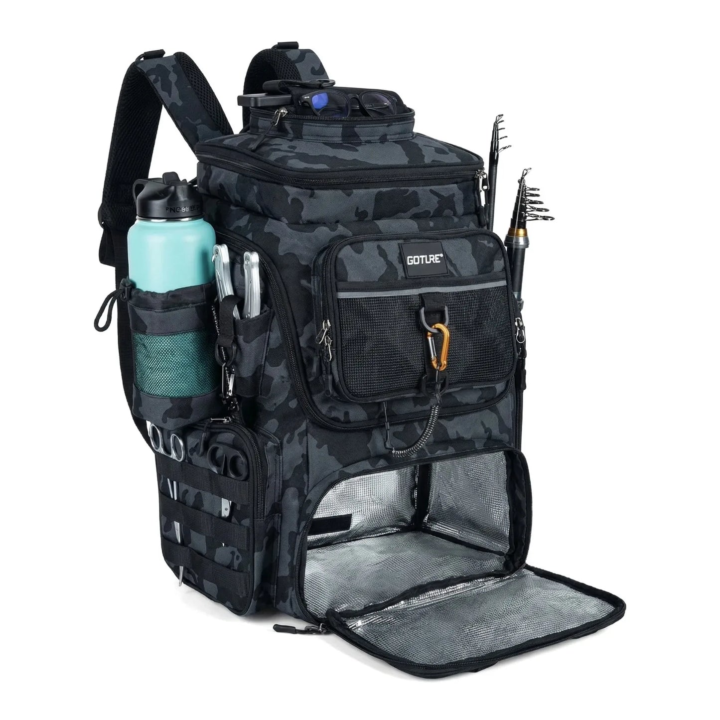 55L Large Fishing Backpack, Waterproof Non-Slip Bottom, Adjustable Compartment Rod Holders for Professional Anglers