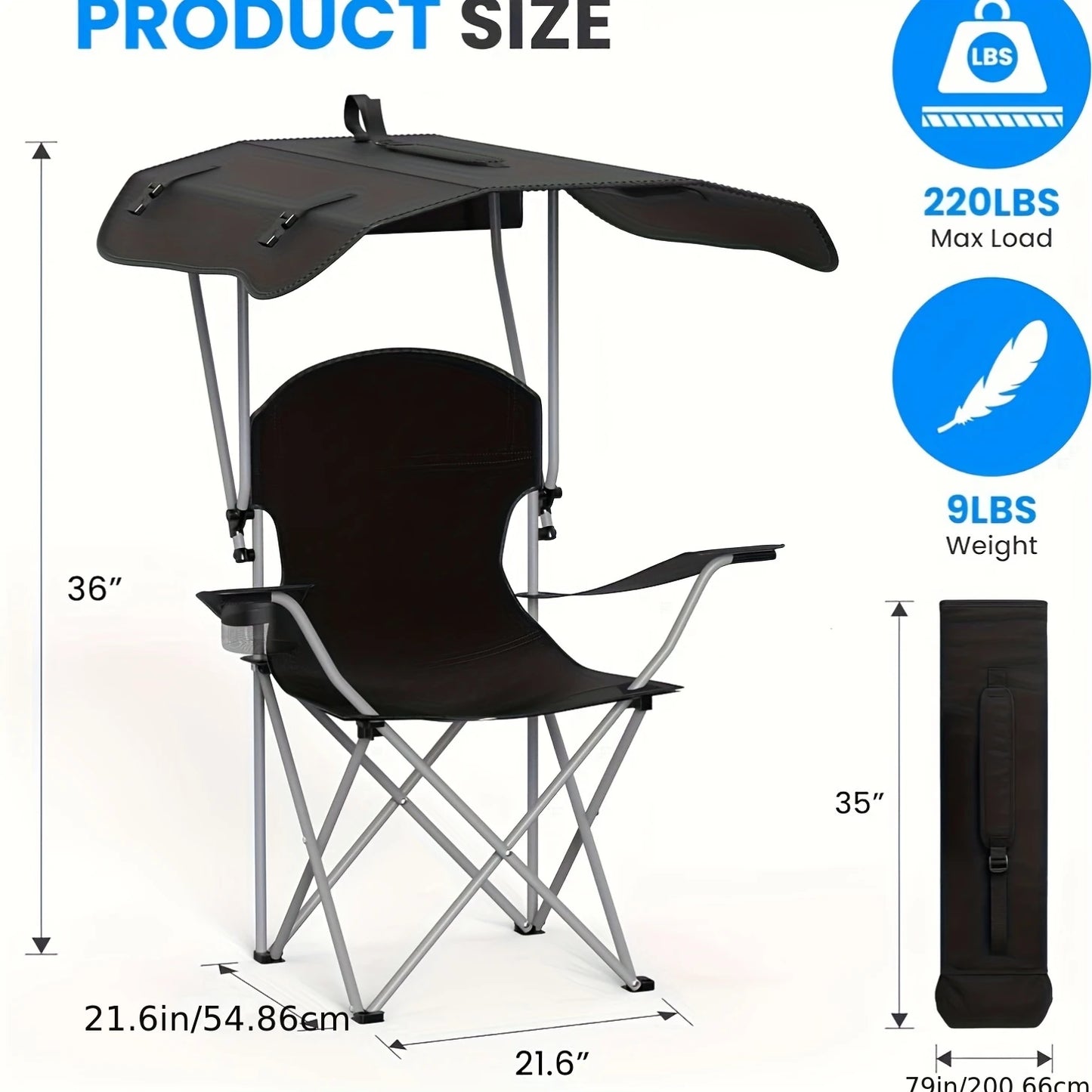 Portable folding fishing chair with sunshade - equipped with cup holder, portable and lightweight design