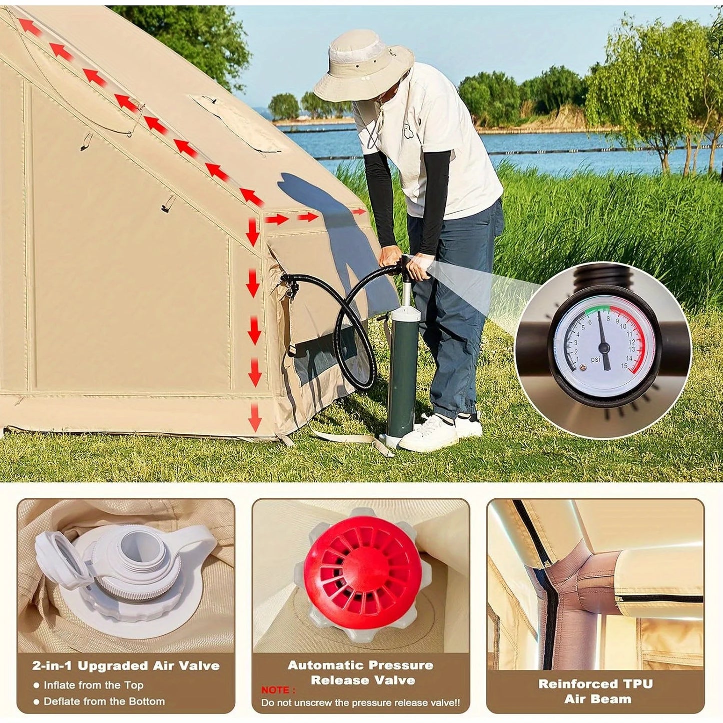 Inflatable tent camping for 1-6 people, hand pump with skylight and chimney waterproof oxford cloth all