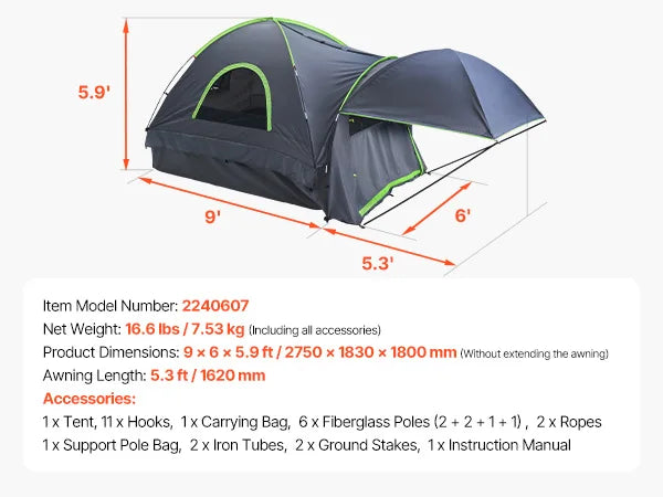 Pickup Truck Tent for Camping Waterproof PU2000 2-3 Person Truck Bed with Expandable Awning