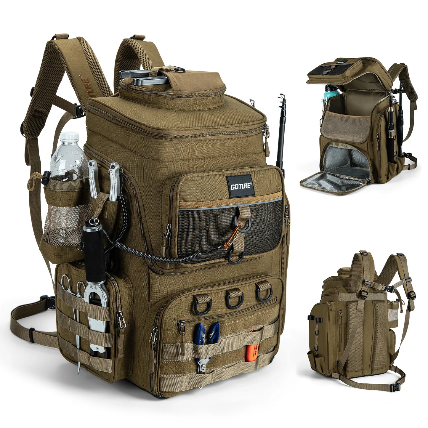 55L Large Fishing Backpack, Waterproof Non-Slip Bottom, Adjustable Compartment Rod Holders for Professional Anglers