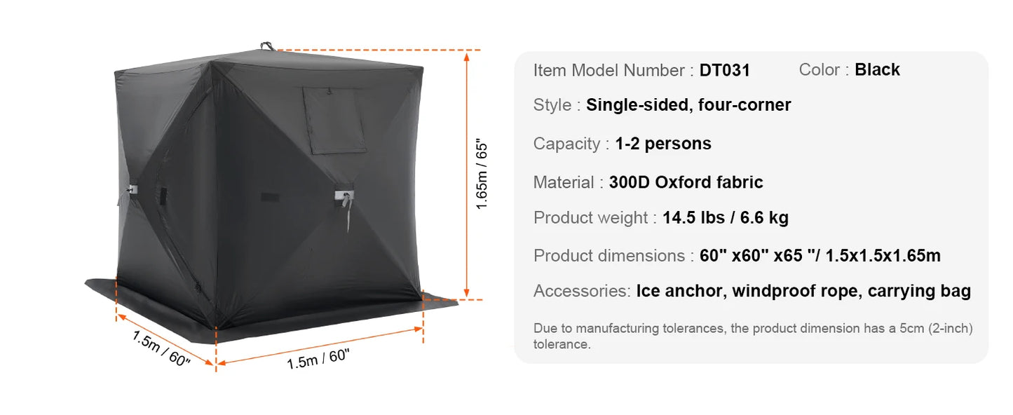 Portable Ice Shelter 1-2 Person Fishing Tent Ice Shanty for Winter Fishing Waterproof Ice Cube with Anchors Carry Bag