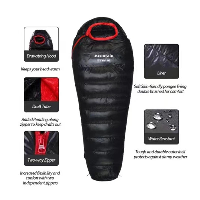 The Extended Goose Down Mummy Sleeping Bag Is Filled With Warm Down And Is Suitable For A Height Above 1.8 Meters.