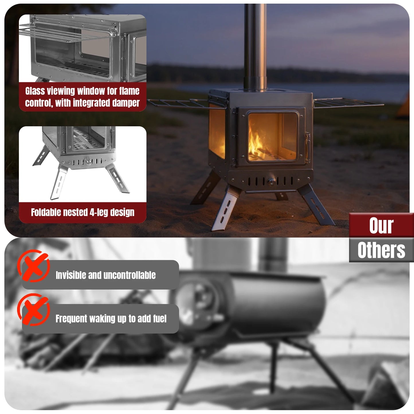 Large Tent Wood Stove with Full Chimney Pipe Set 304 Stainless Steel Fire Viewing Stove for Camping Tents Shelters Outdoor Heat