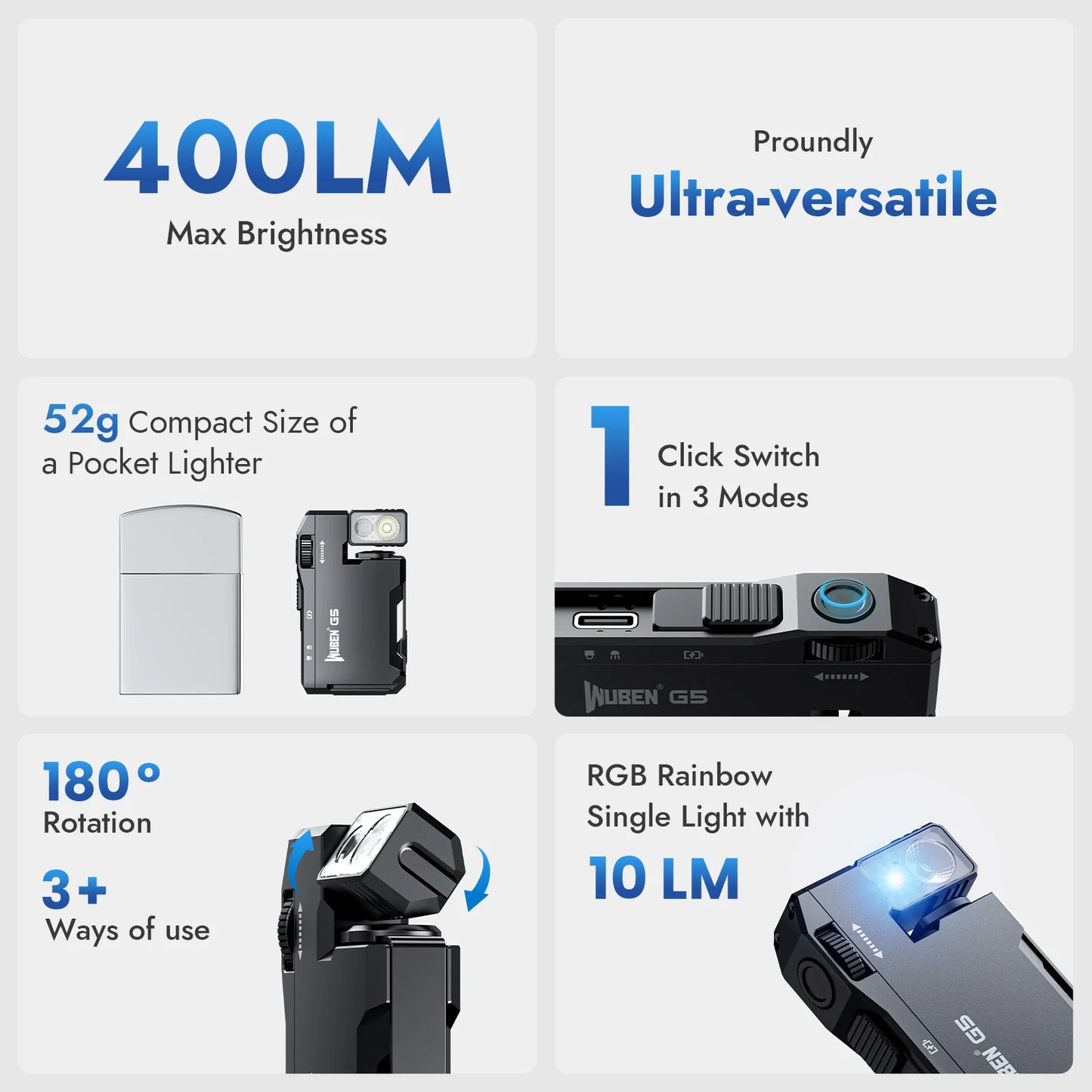 G5 Rechargeable EDC Flashlight, 400 Lumens Dual Light Sources Mini Flashlight with RGB Light, Portable Pocket Flashlights