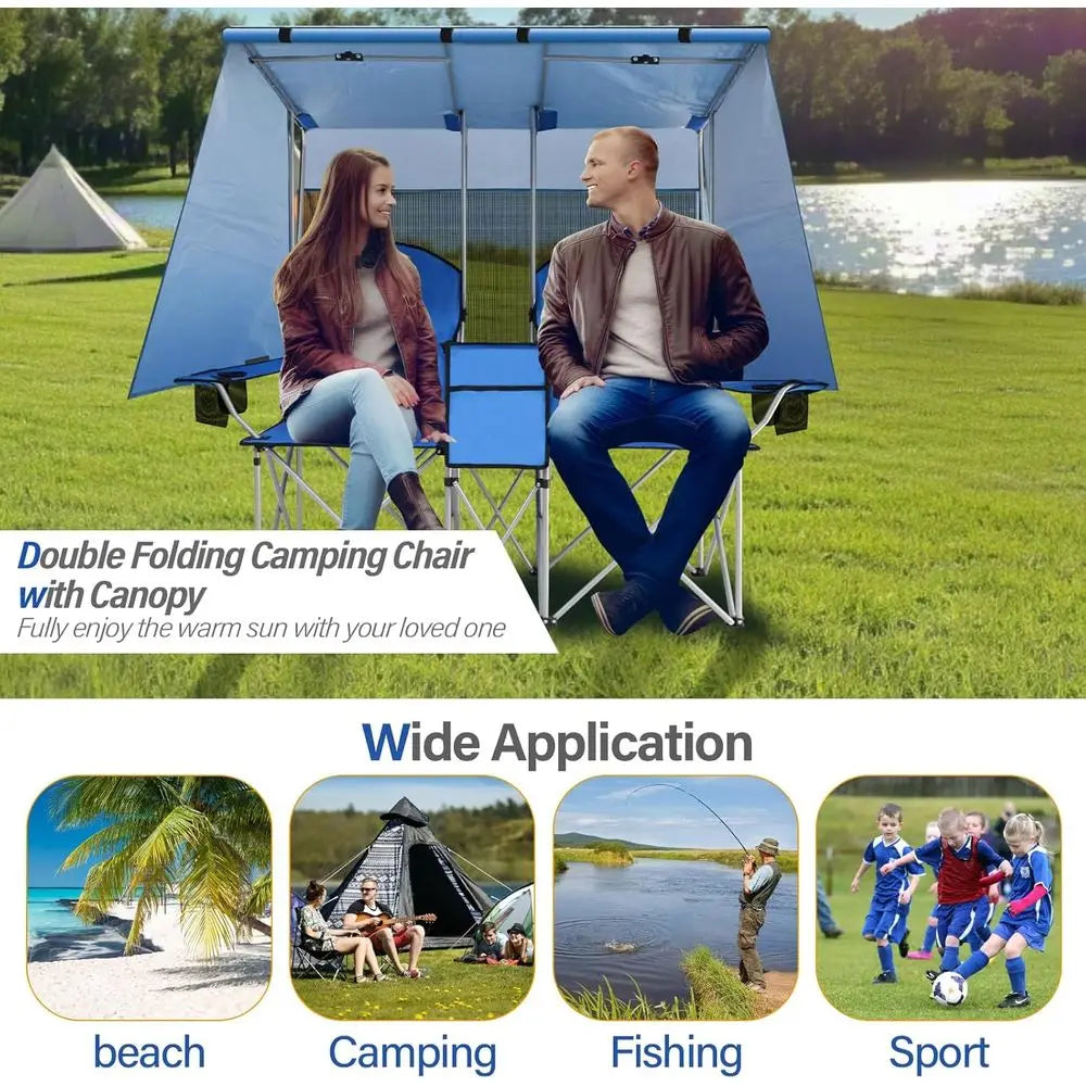 Double Camping Chair, Two Person Folding Loveseat with Shade, Heavy Duty Beach Chair with Cooler Bag, Cup Holder, Fishing, Sport