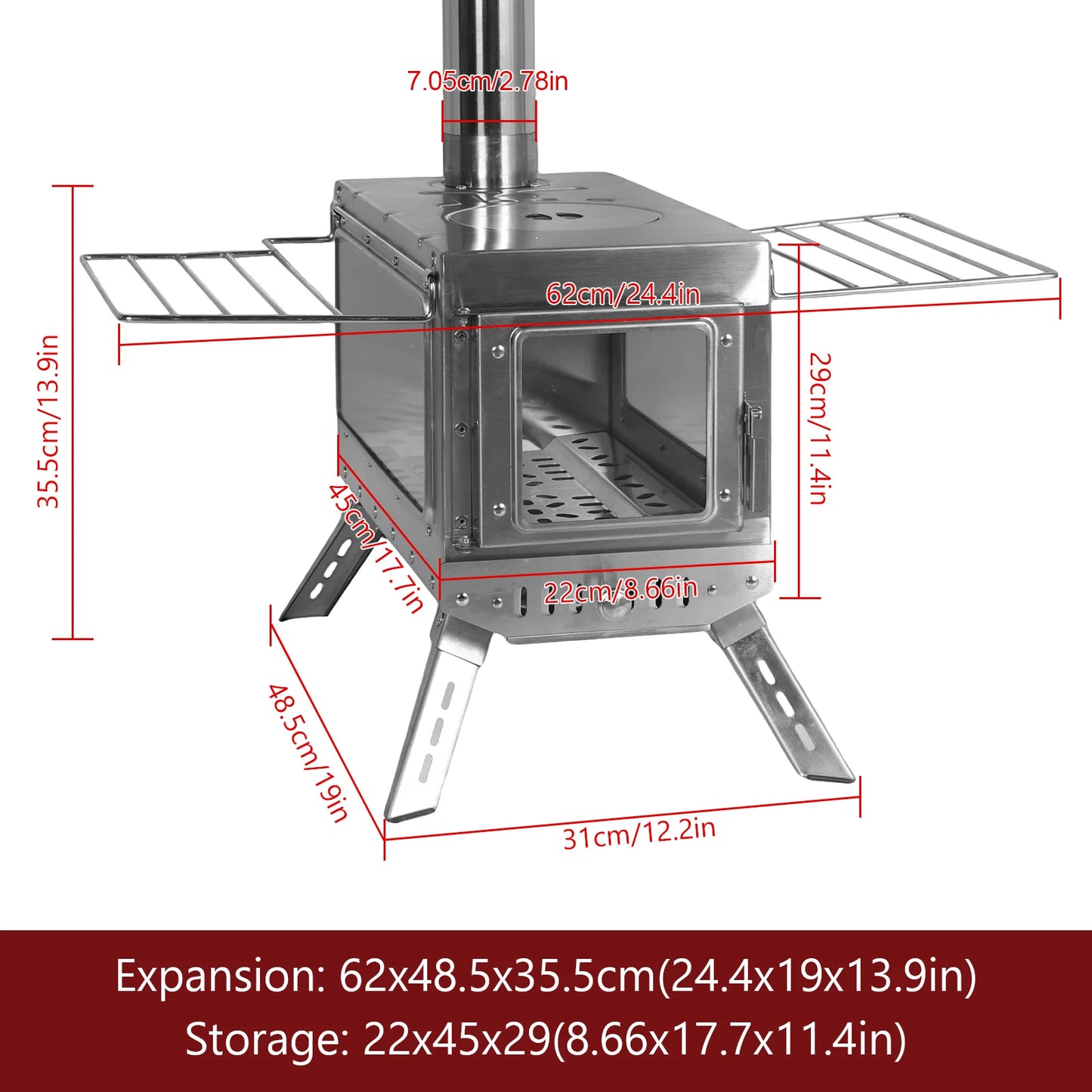Large Tent Wood Stove with Full Chimney Pipe Set 304 Stainless Steel Fire Viewing Stove for Camping Tents Shelters Outdoor Heat