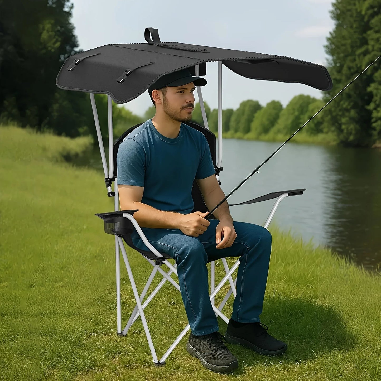 Portable folding fishing chair with sunshade - equipped with cup holder, portable and lightweight design