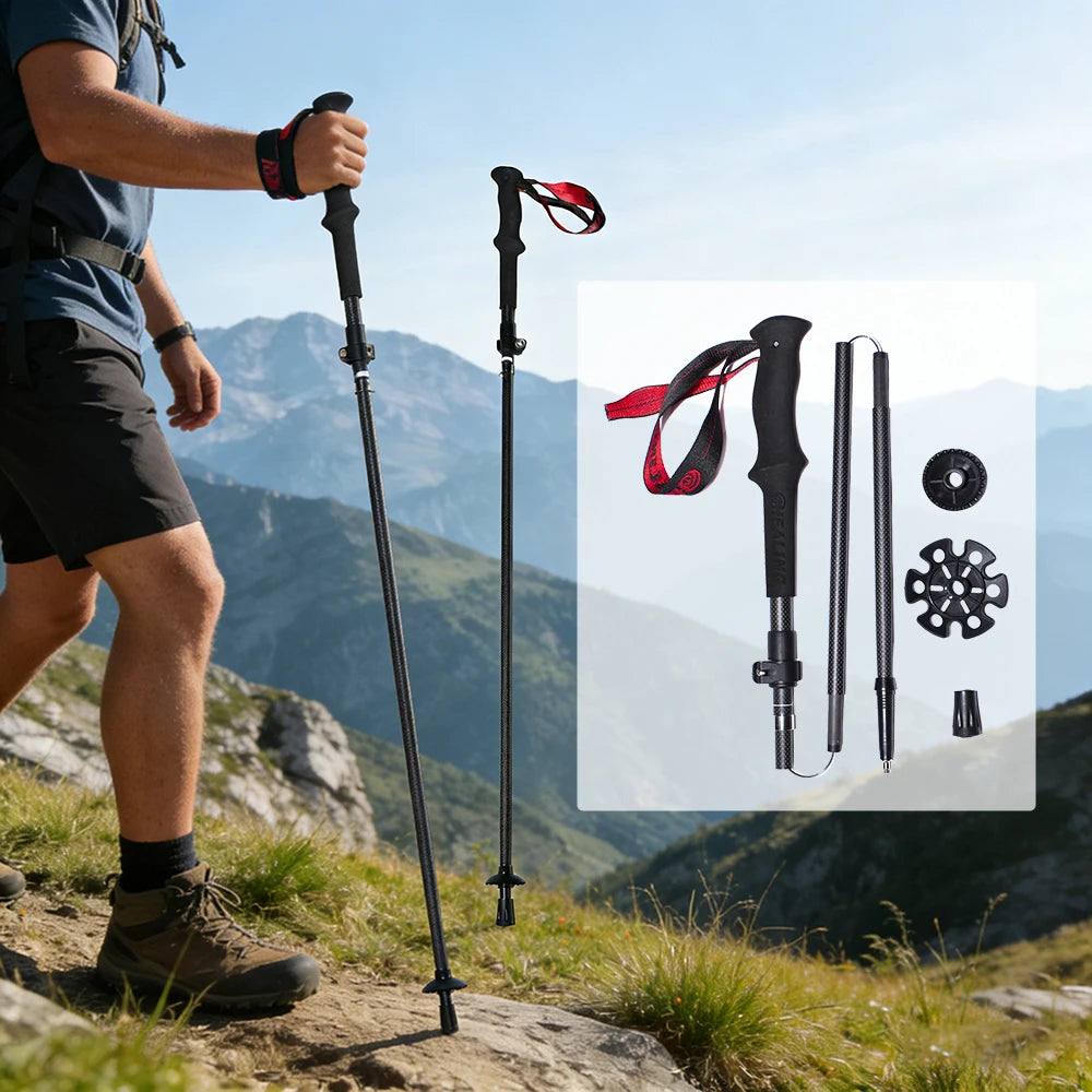 Local+ 100% Carbon Fiber Trekking Poles Folding Outdoor Telescopic Walking Hiking Accessories Nordic Mountain Climbing Stick