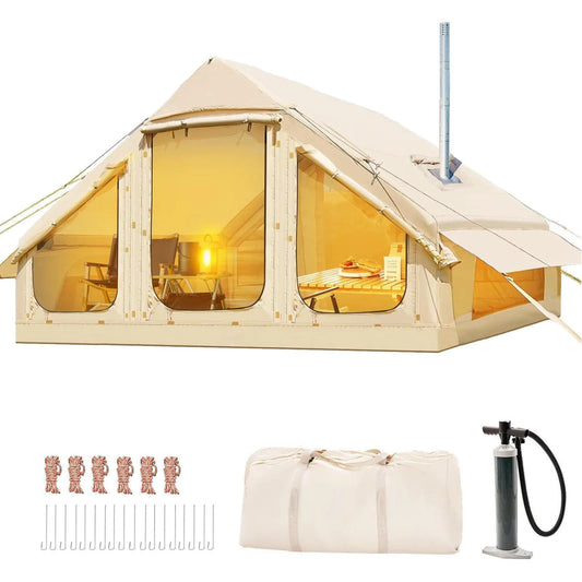 Inflatable tent camping for 1-6 people, hand pump with skylight and chimney waterproof oxford cloth all