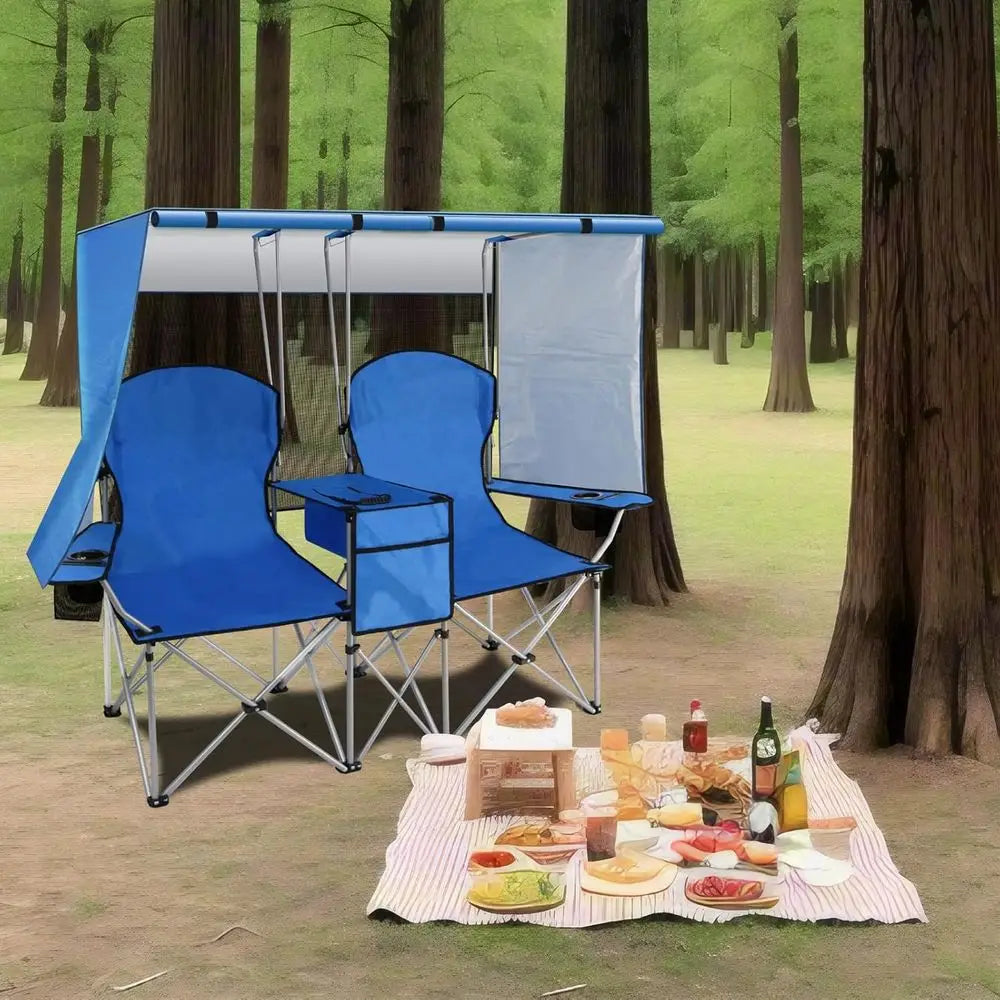 Double Camping Chair, Two Person Folding Loveseat with Shade, Heavy Duty Beach Chair with Cooler Bag, Cup Holder, Fishing, Sport