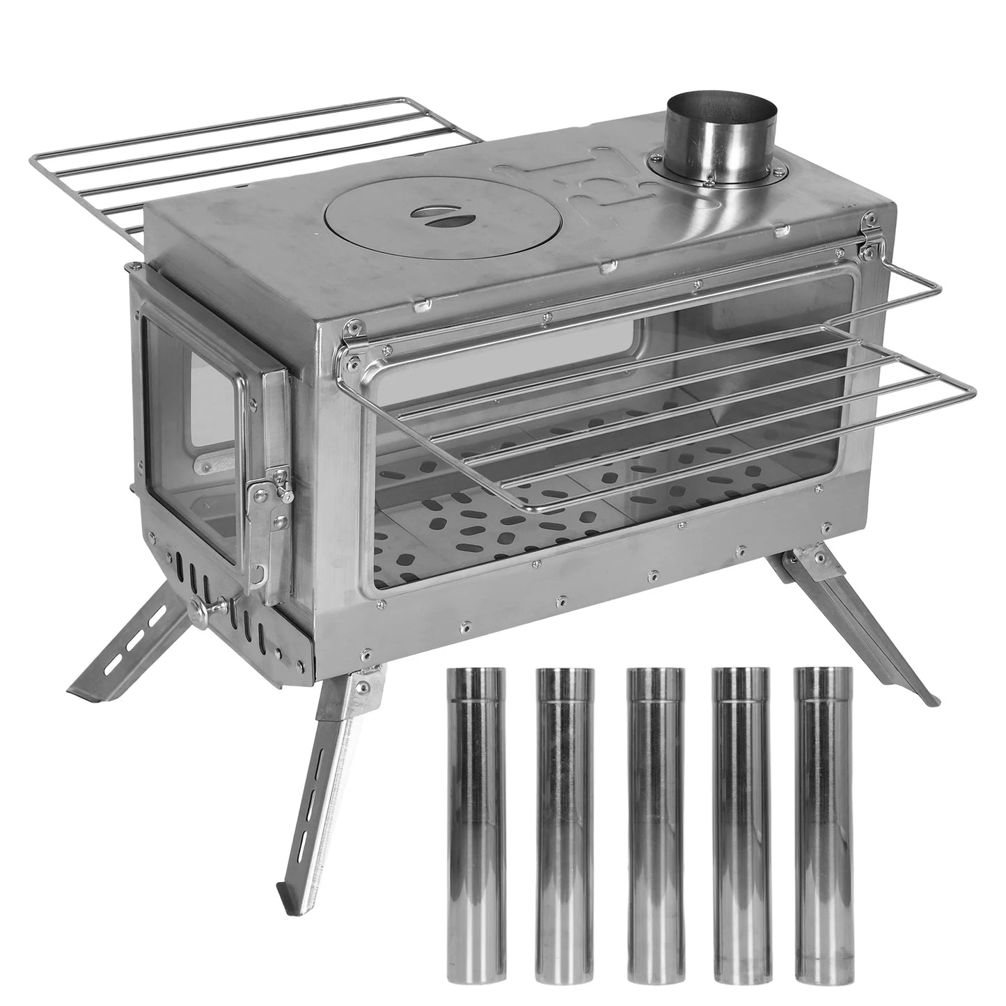 Large Tent Wood Stove with Full Chimney Pipe Set 304 Stainless Steel Fire Viewing Stove for Camping Tents Shelters Outdoor Heat
