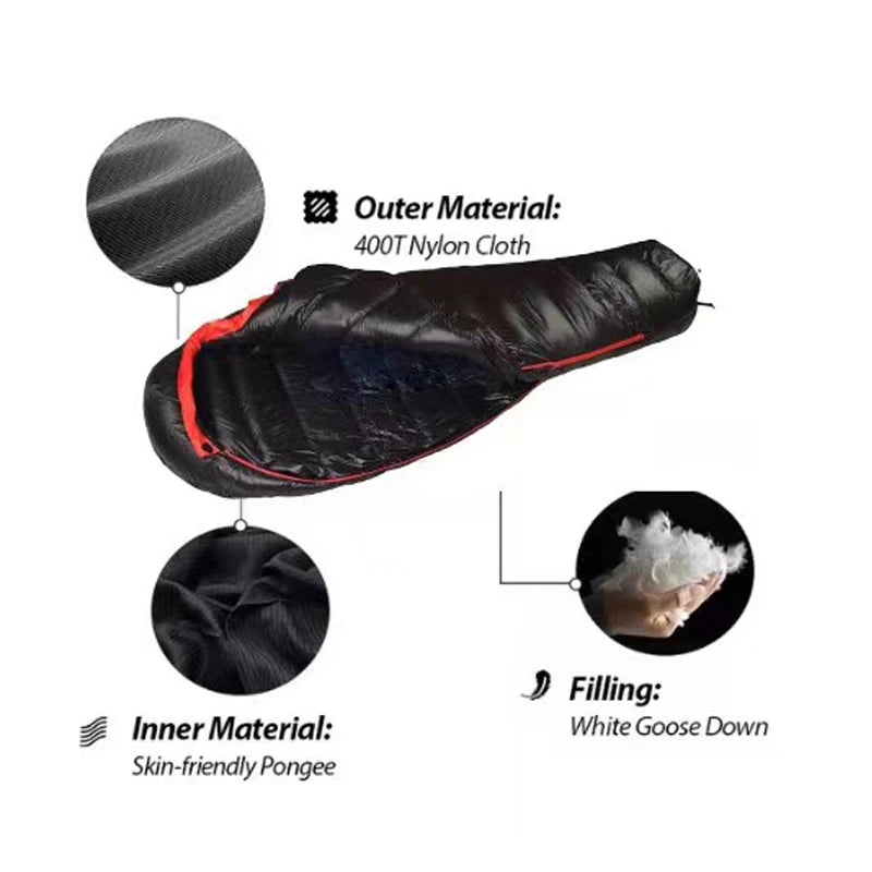 The Extended Goose Down Mummy Sleeping Bag Is Filled With Warm Down And Is Suitable For A Height Above 1.8 Meters.