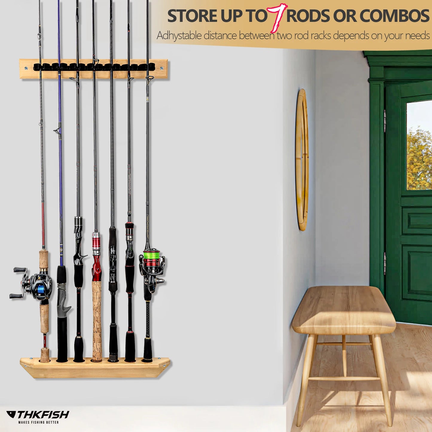 1 Pair Fishing Rod Racks Fishing Rod Holders for Garage Wood Fishing Pole Wall Rack 7-Hole Fishing Rod Combos