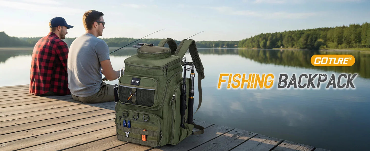 55L Large Fishing Backpack, Waterproof Non-Slip Bottom, Adjustable Compartment Rod Holders for Professional Anglers