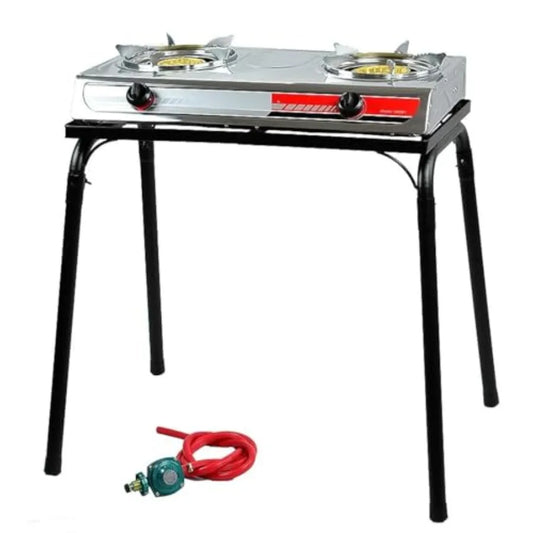 Outdoor Propane Range with Double Burner and Detachable Legs for Camping Picnic Cookout 25516 BTU Black Steel Frame Durable Con