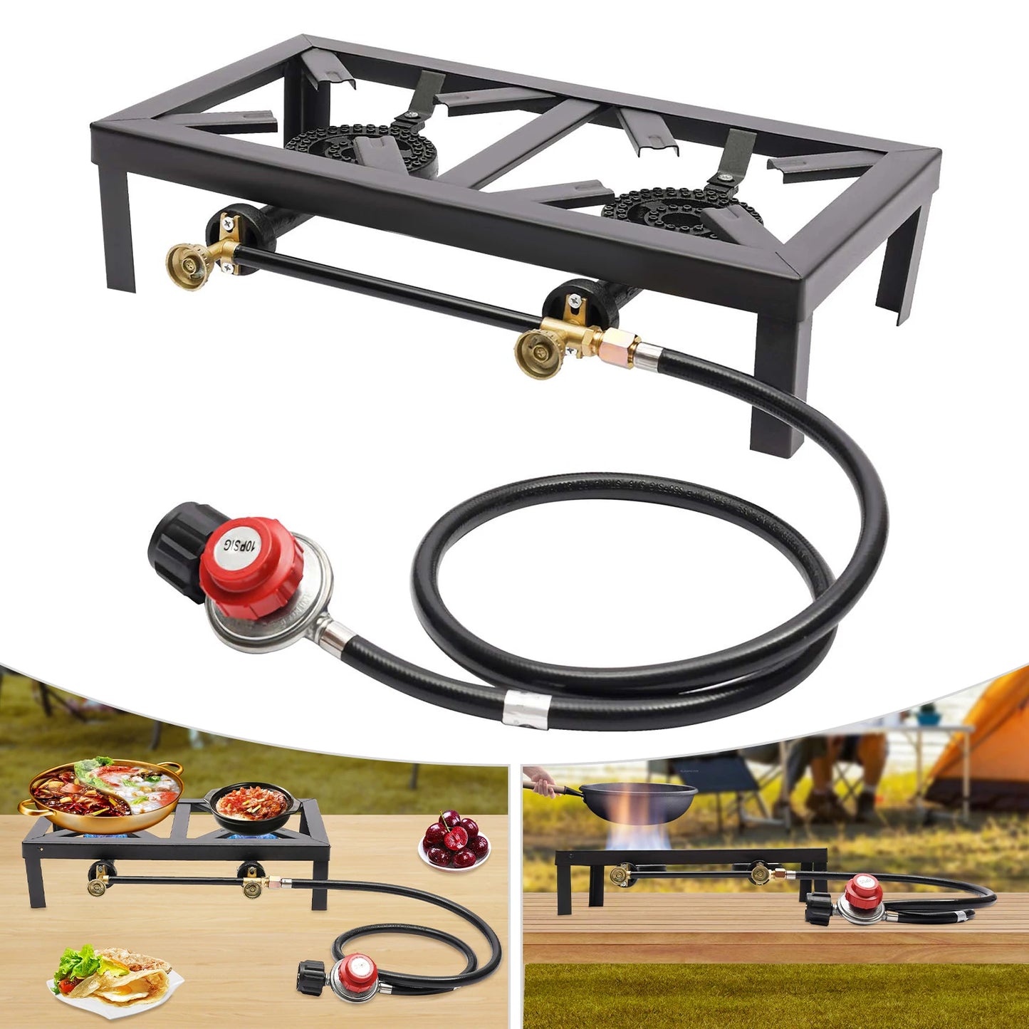 Portable Camping Gas Stove Outdoor Double Burner with Adjustable 0-10Psi Regulator Hose