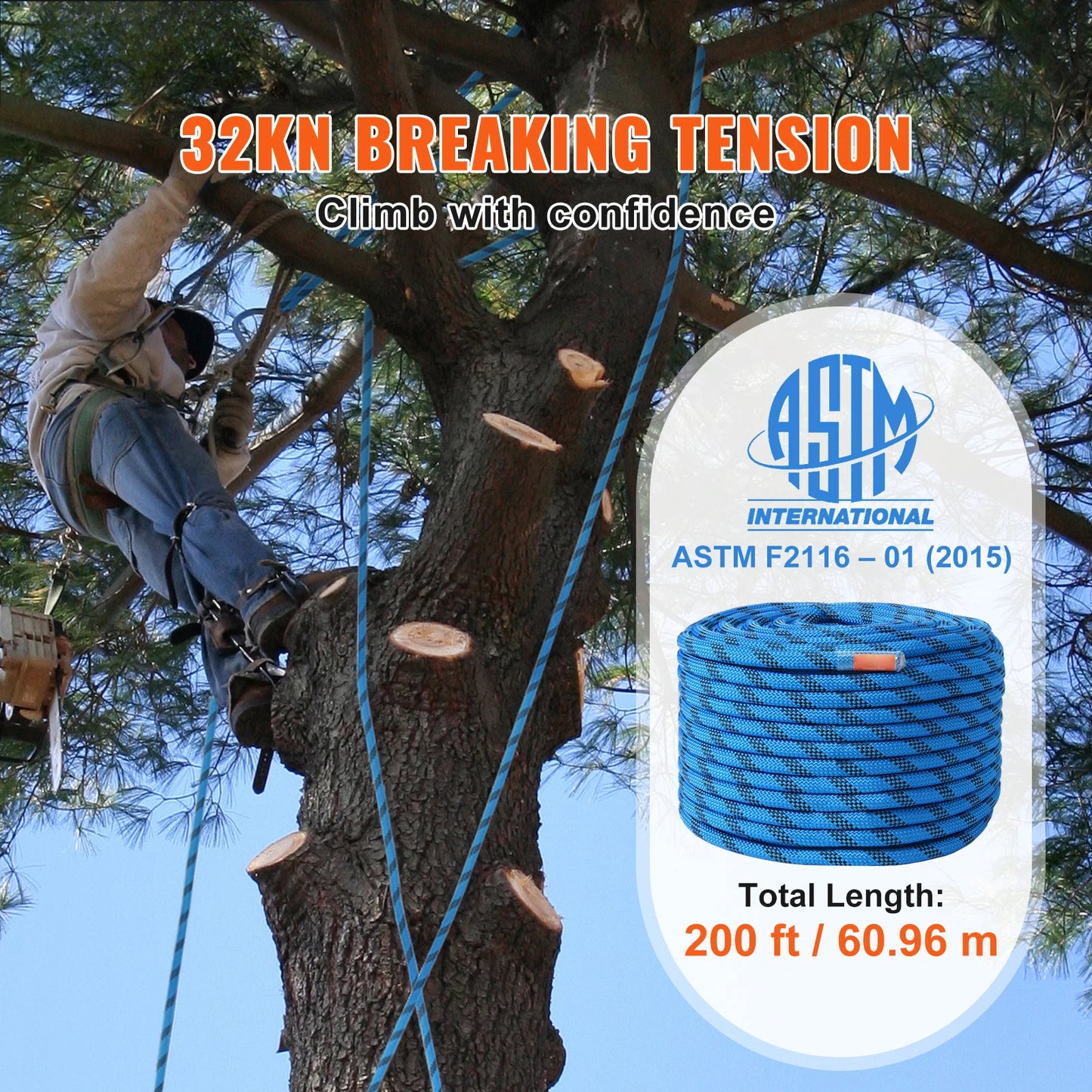 12.7mm Static Climbing Rope 150/200 ft Outdoor Climbing Rope 30KN Breaking Tension Fiber Rope w/ Steel Snap Hooks