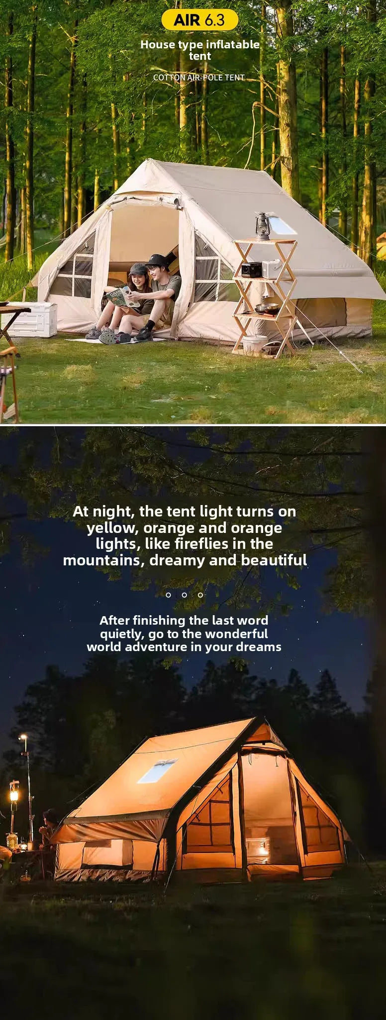 Inflatable tent camping for 1-6 people, hand pump with skylight and chimney waterproof oxford cloth all