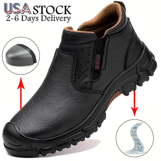 Mens Work Boots Composite Toe Safety Footwear Metatarsal Guard Puncture-Proof Construction Work Shoes Anti-Slip Rubber Outsole