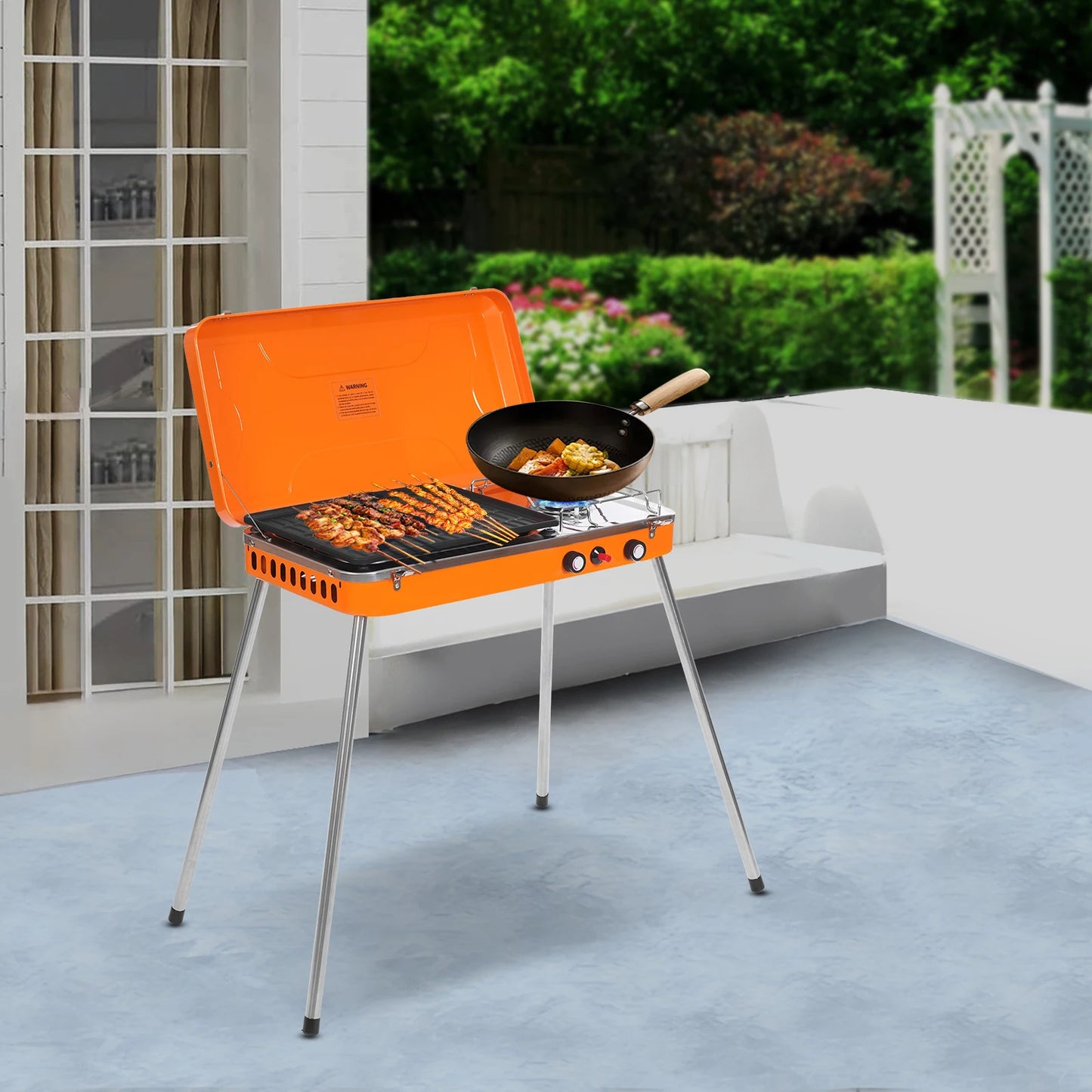 Dual-Burner Camping Stove, Portable Gas Grill Cooker, 5860 BTU x 2 with Grill Pan & Adjustable Legs for Outdoor Cooking