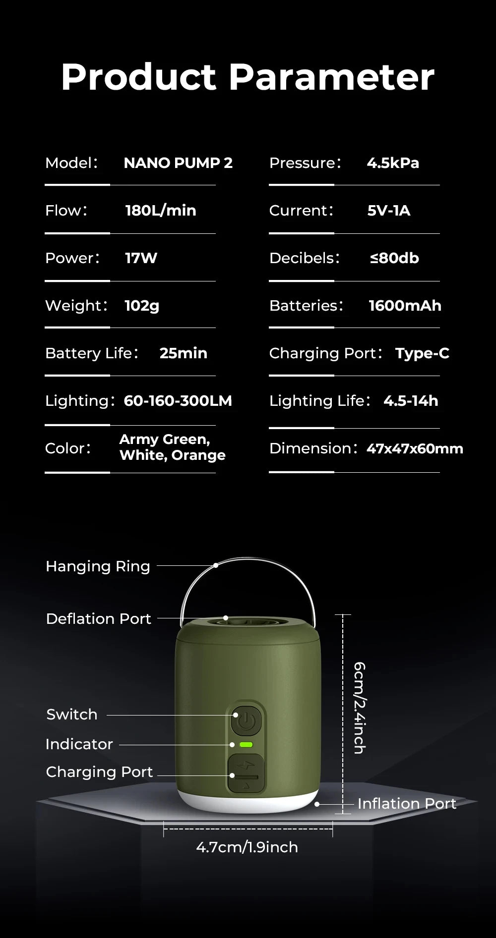 Tiny Air Pump with Camping Lantern 4.5kPa Air Pump with Magnetic Design for Inflatable Air Mattress Sleeping Pads