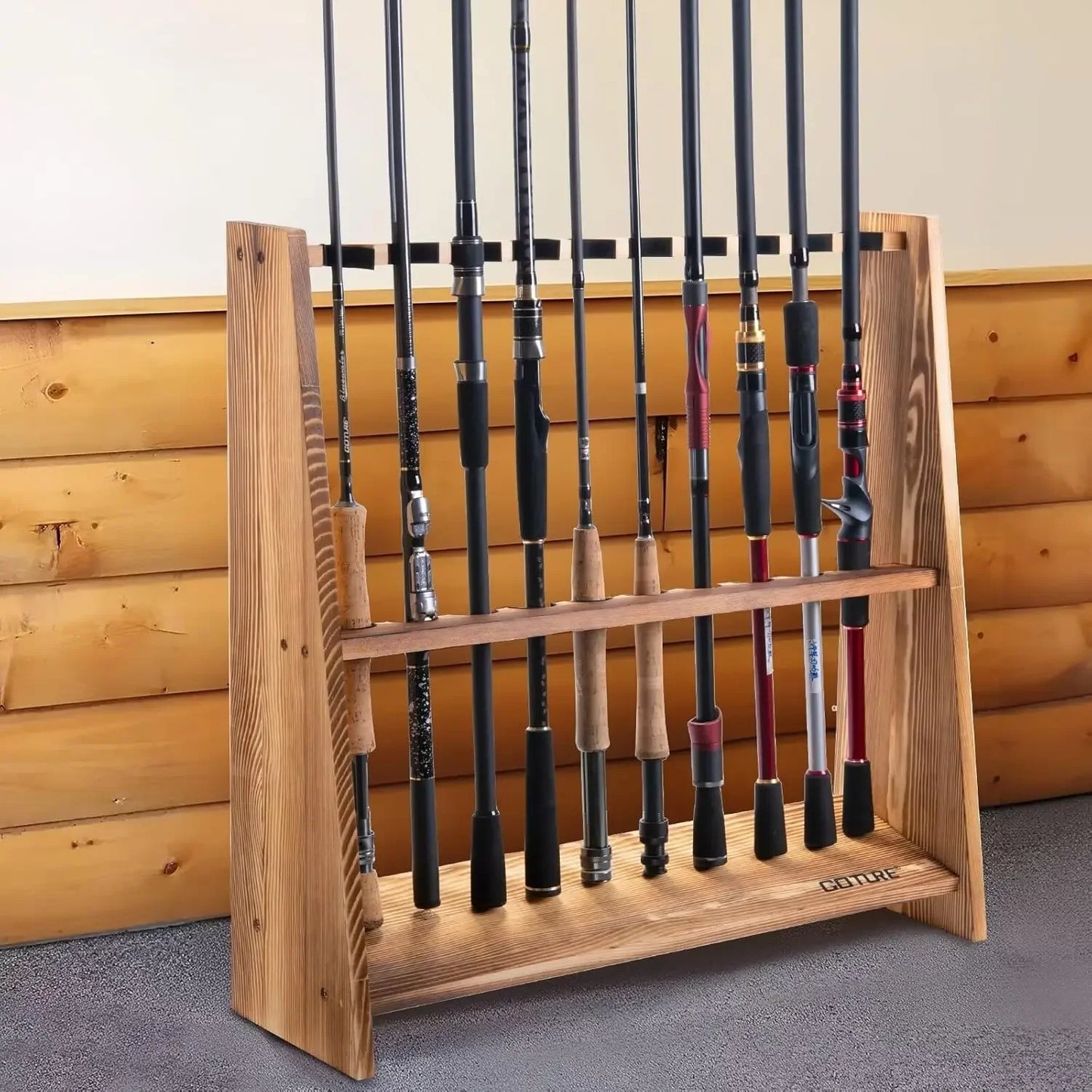 Pine Wood Fishing Rod Holder 10 Capacity Easy To Assemble Removable Fishing Pole Storage Organizer Display Stand