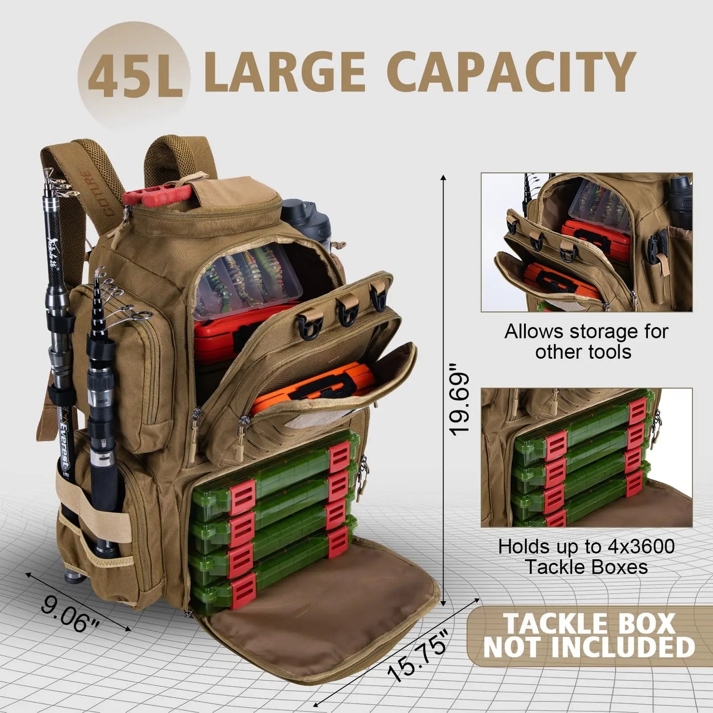 Goture 46X30X17CM 900D Oxford cloth waterproof Fishing Backpack 45L Large Capacity Fishing Gear Storage Backpack Fishing Bag