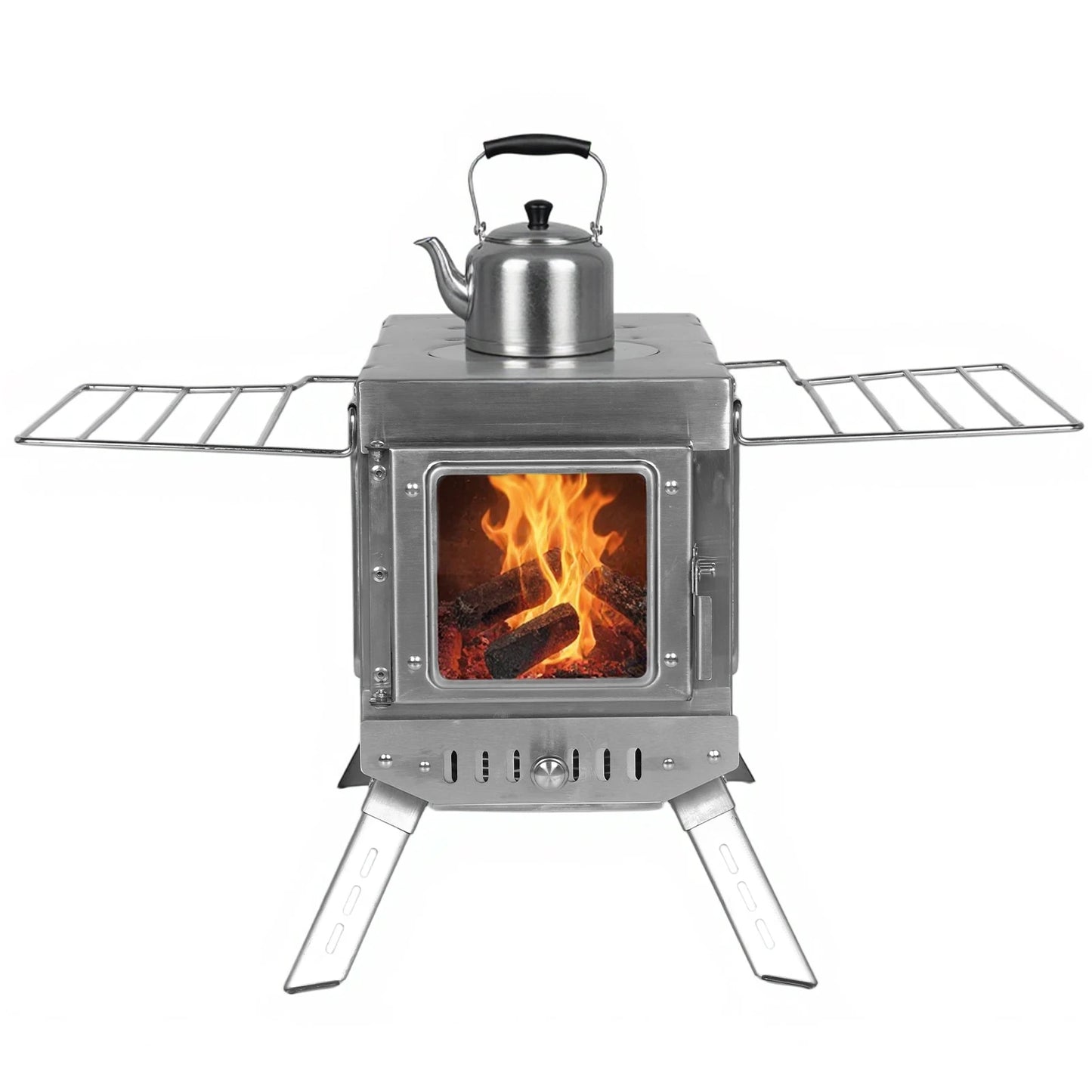 Large Tent Wood Stove with Full Chimney Pipe Set 304 Stainless Steel Fire Viewing Stove for Camping Tents Shelters Outdoor Heat